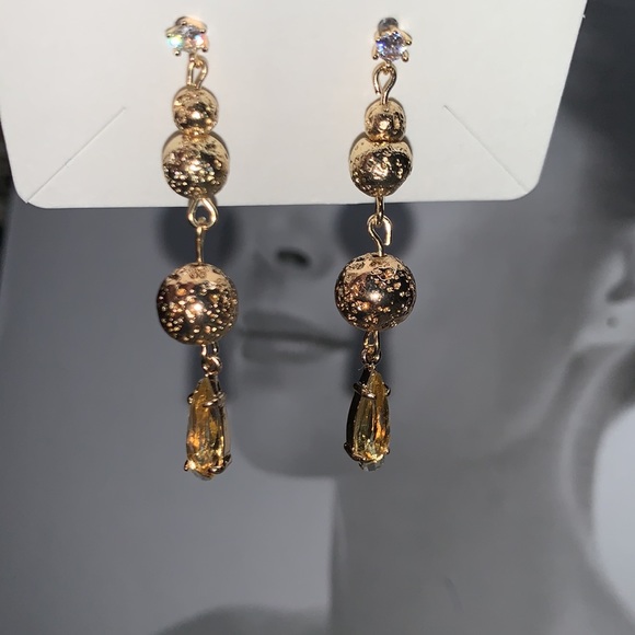 Sheer Yellow Teardrop Faceted Drop Dangle w Gold Semi Precious Lava Bead on CZ - Picture 11 of 16